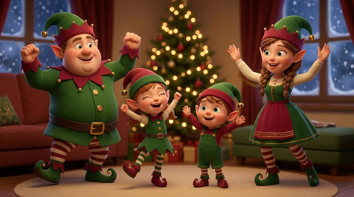 Illustration of a cartoon elf family dancing by a Christmas tree